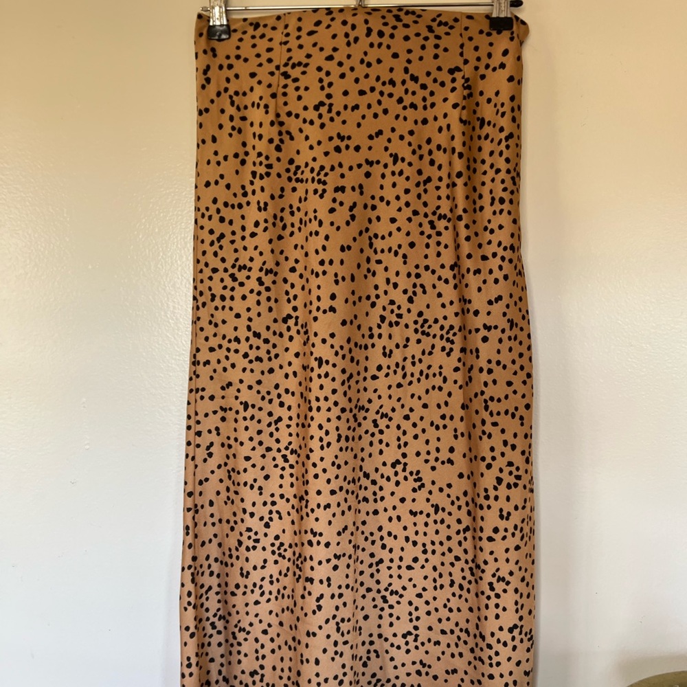 Nasty Gal Tan Midi Skirt with Black Dots